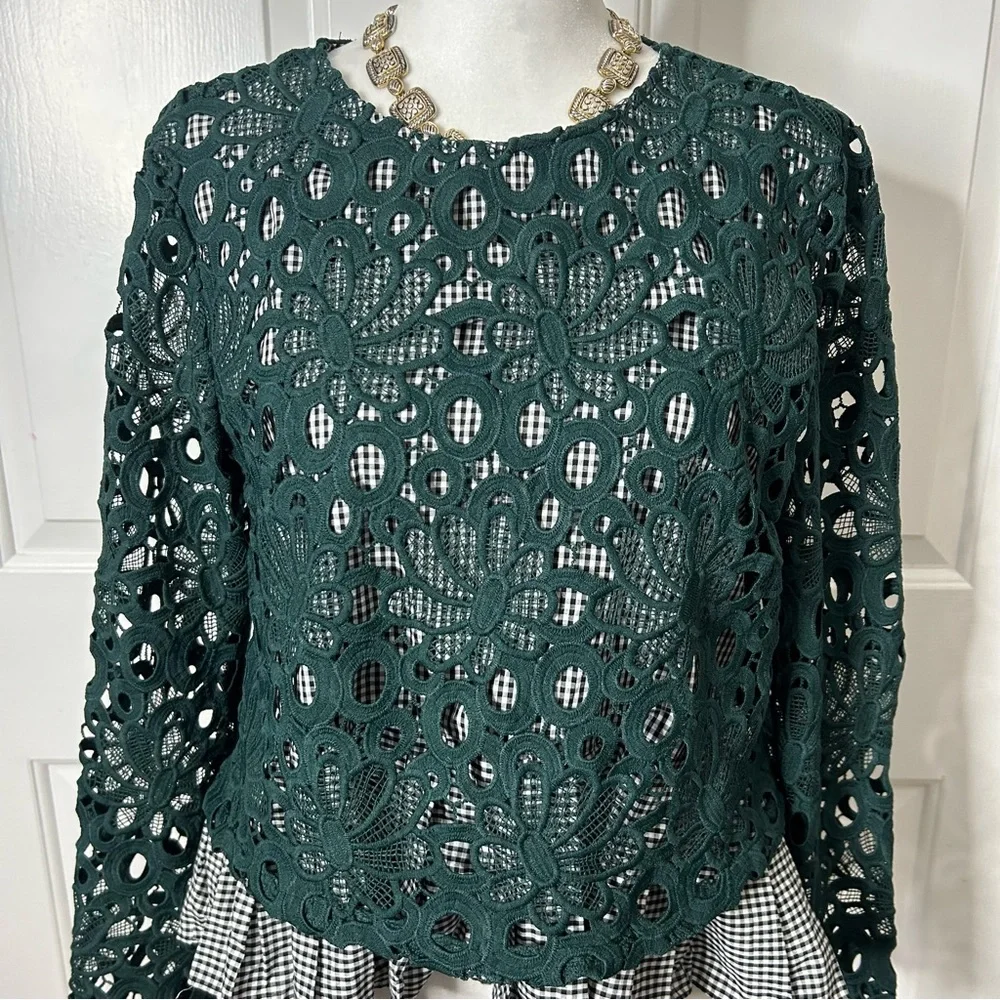 Anthropologie Maeve Green Pleated Lace Top Gabriella Gingham (size small) - Picture 3 of 10